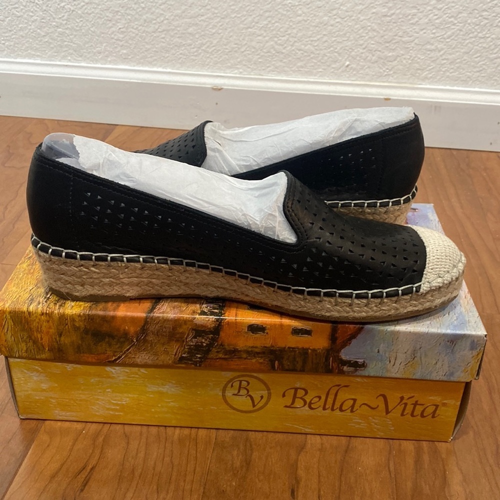 Bella Vita Channing Cap Toe Black Tan Espadrille Leather Flat Shoes 10W